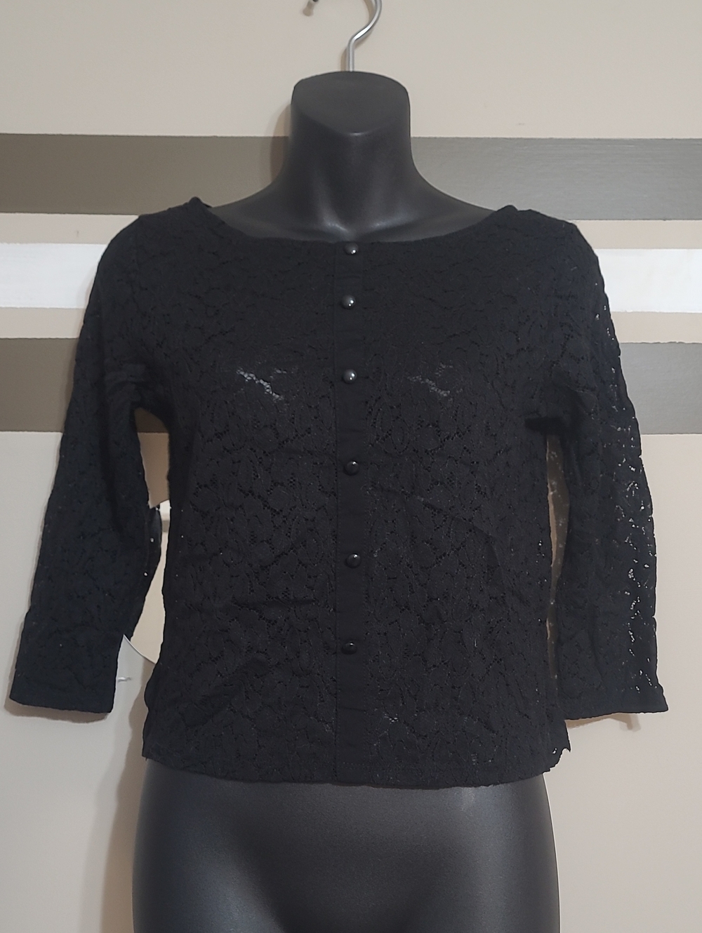 Black Lace Faux Button-Front 3/4 Sleeve Crop Top Size Small